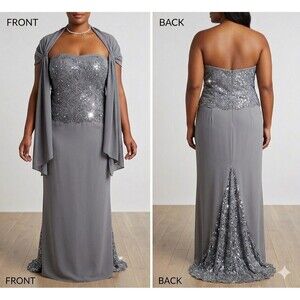 ​Jovani Sz 16 Grey Gown Strapless Sequin Lace Formal Dress Mother of Bride Shawl